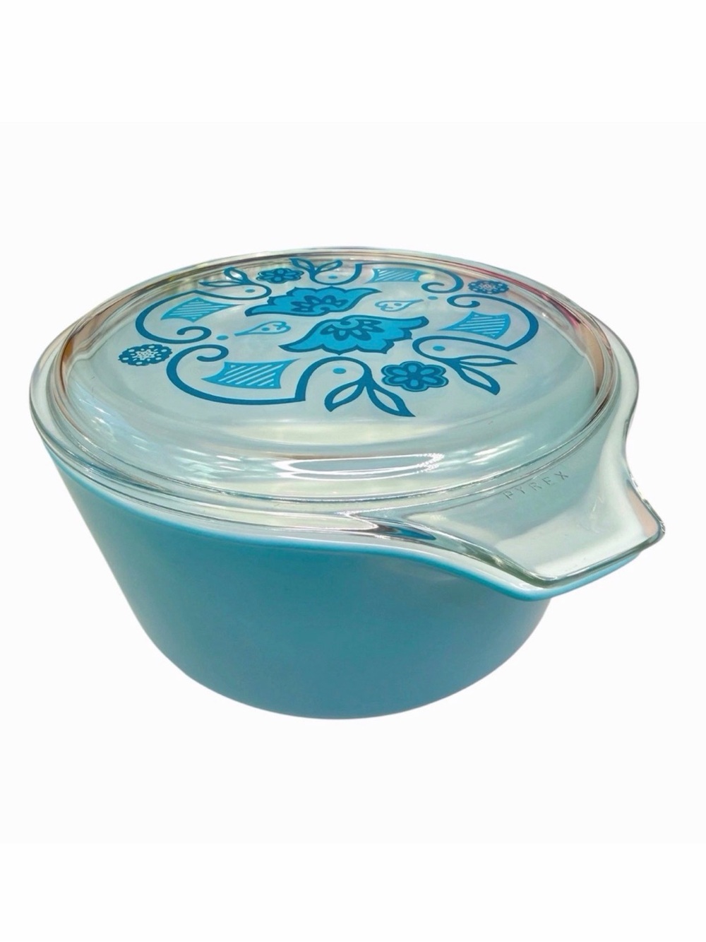 Vintage 1970 Pyrex 474 promotional casserole dish in the "Horizon Blue" pattern